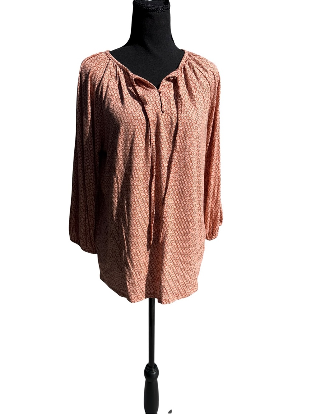 croft & barrow Peach Micro-Print Peasant Top with Tie Neck